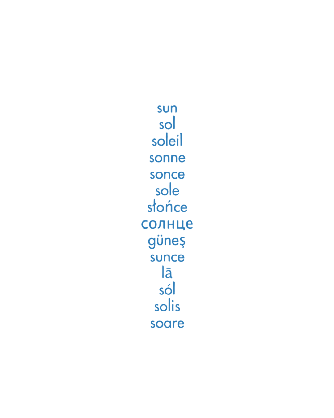 List of the word 'Sun' in multiple languages including English, French, Spanish, Russian, Turkish, and others, arranged vertically.