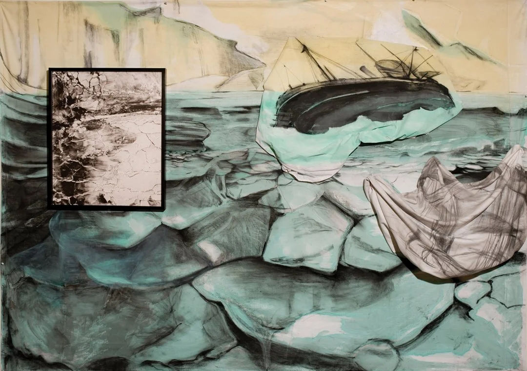 The Tip of Your Divide , 2015, Canvas, charcoal, paintcotton bedsheets, framed photograph, 90 x 68 inches