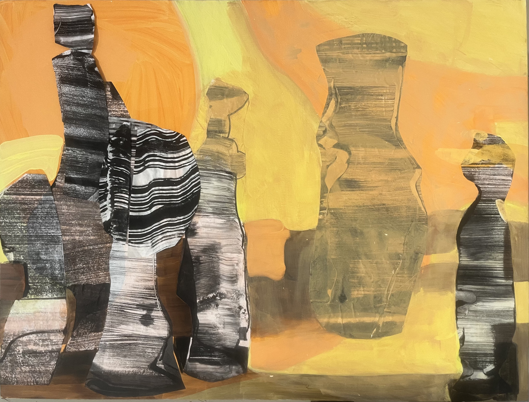 Procession, 2025, Mixed media collage on panel, 18 x 24 inches