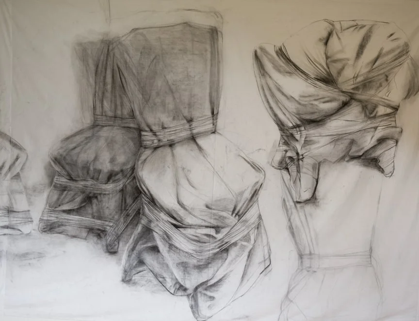 Wrap1, 2015, Charcoal on bedsheet
