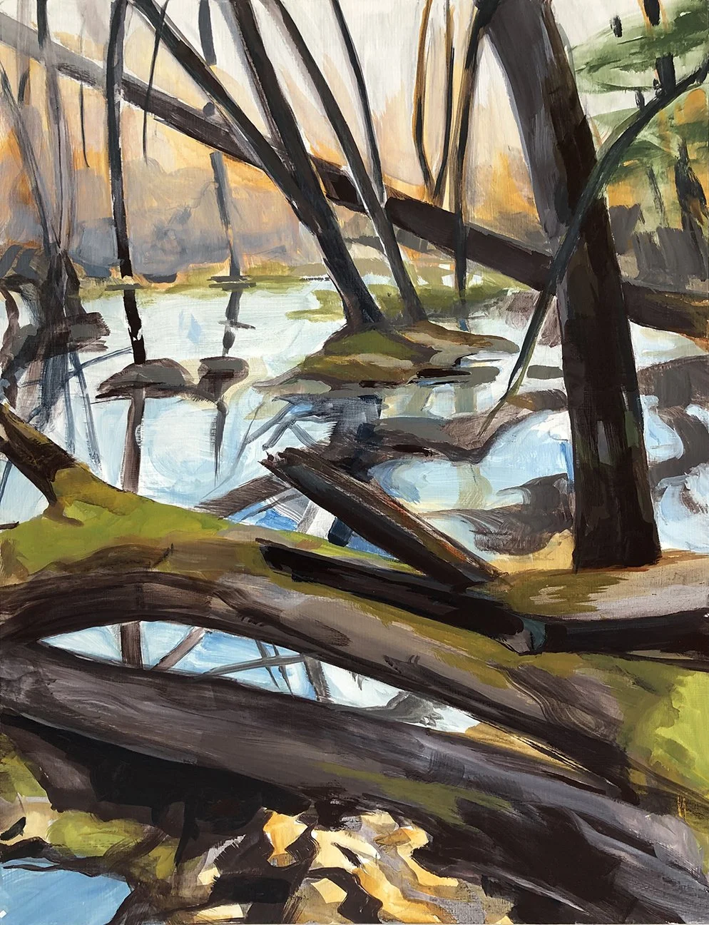 Mossy Logs, 2021, Acrylic on panel, 24 x 18 inches