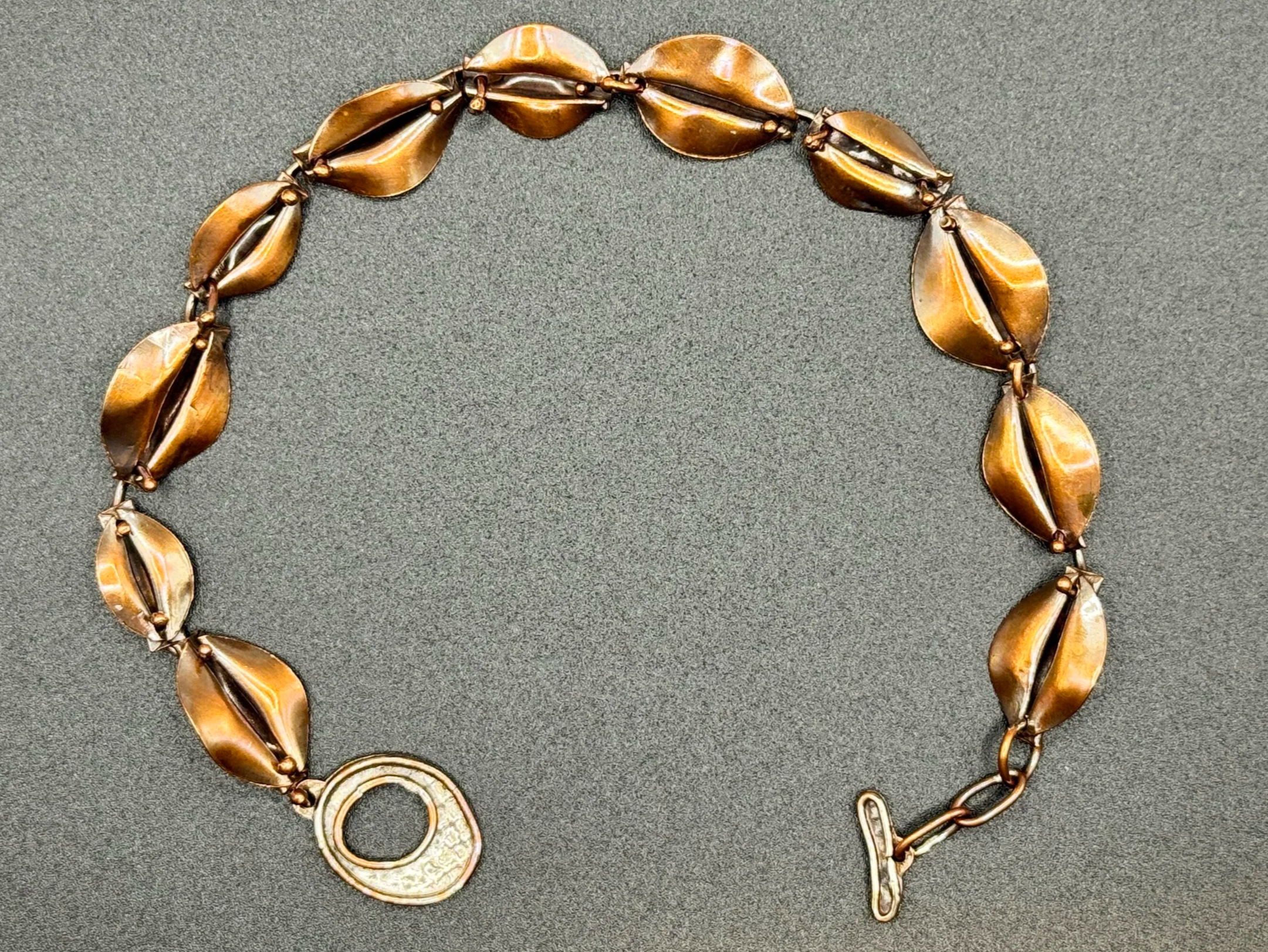bracelet: fold-formed copper with patina
