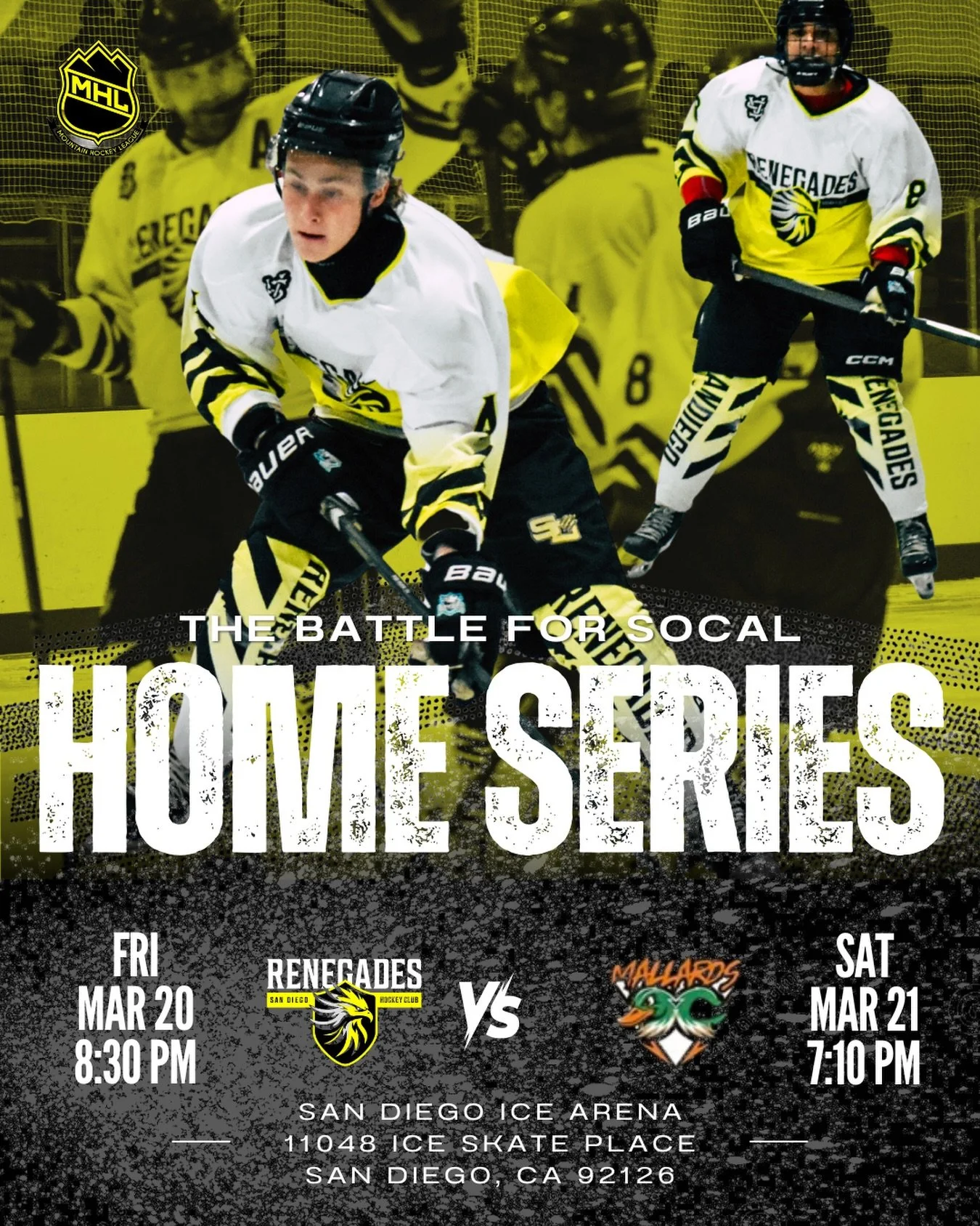 The San Diego Renegades return home for a high-stakes rivalry series against the @orange_county_mallards_hockey , and the intensity couldn&rsquo;t be higher. With the playoffs on the line, every shift, every hit, and every goal matters.

This is our 