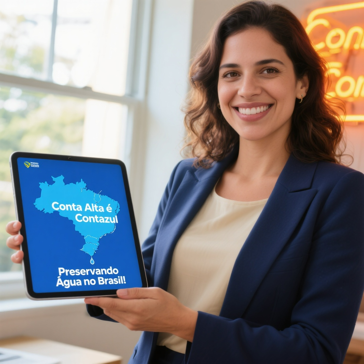 Mulher sorridente segurando um tablet com uma mensagem de preservação de água no Brasil, exibindo um mapa do Brasil e o texto "Conta Alta é Contazul Preservando Água no Brasil!".