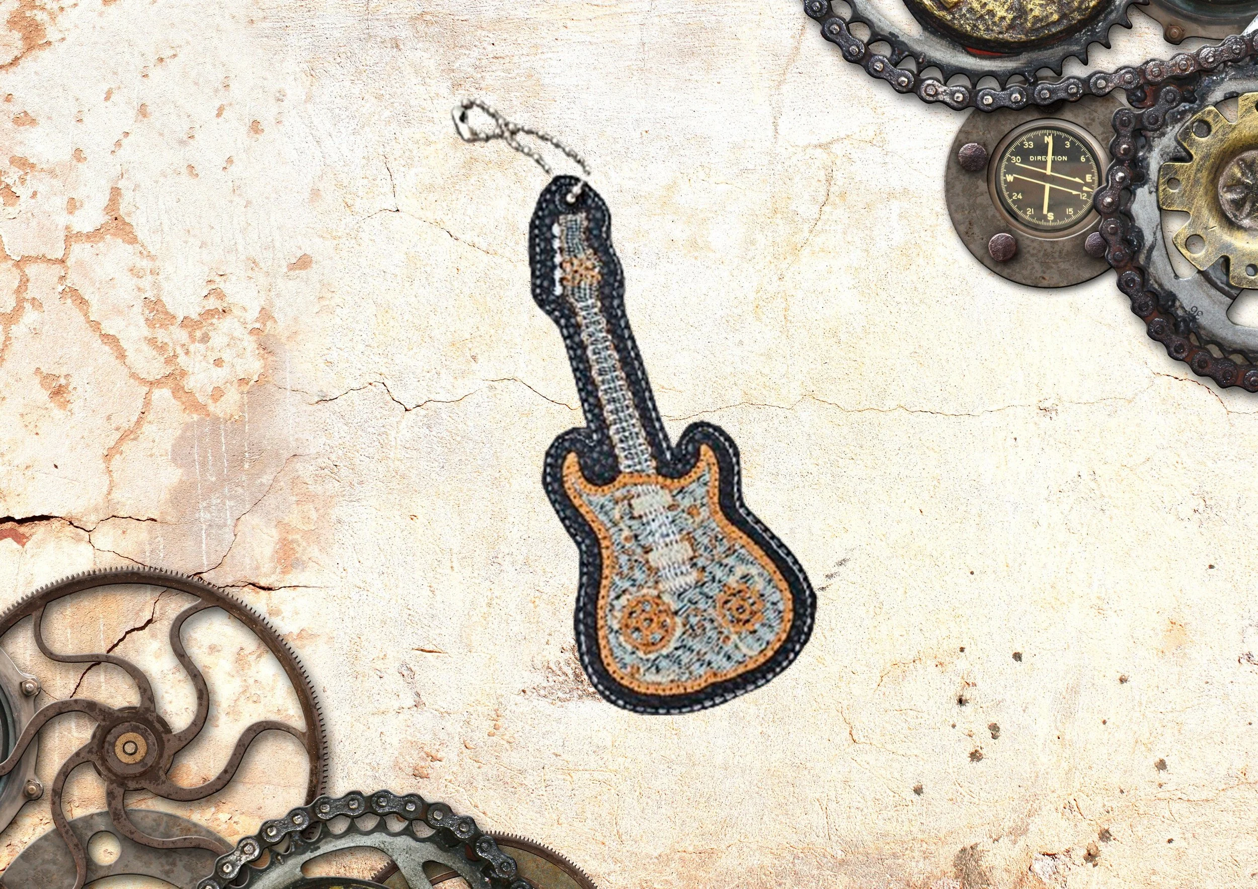 Steampunk Guitar key fob digital ITH embroidery design