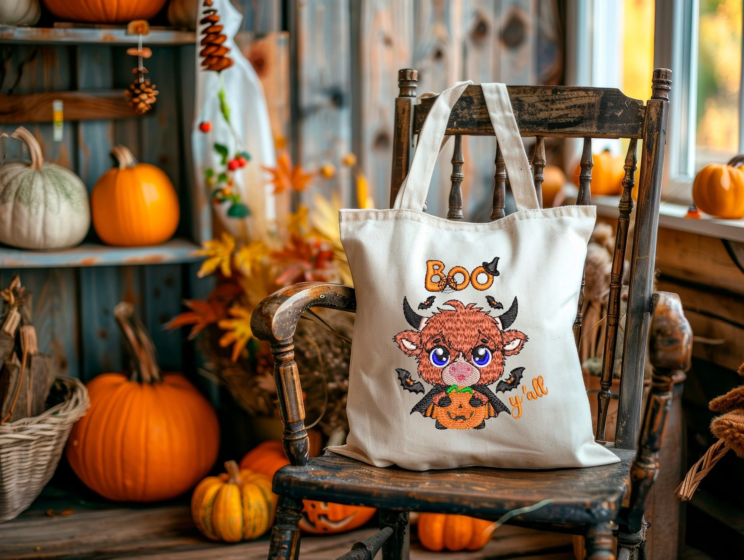 Boo y'all Highland Cow digital embroidery design