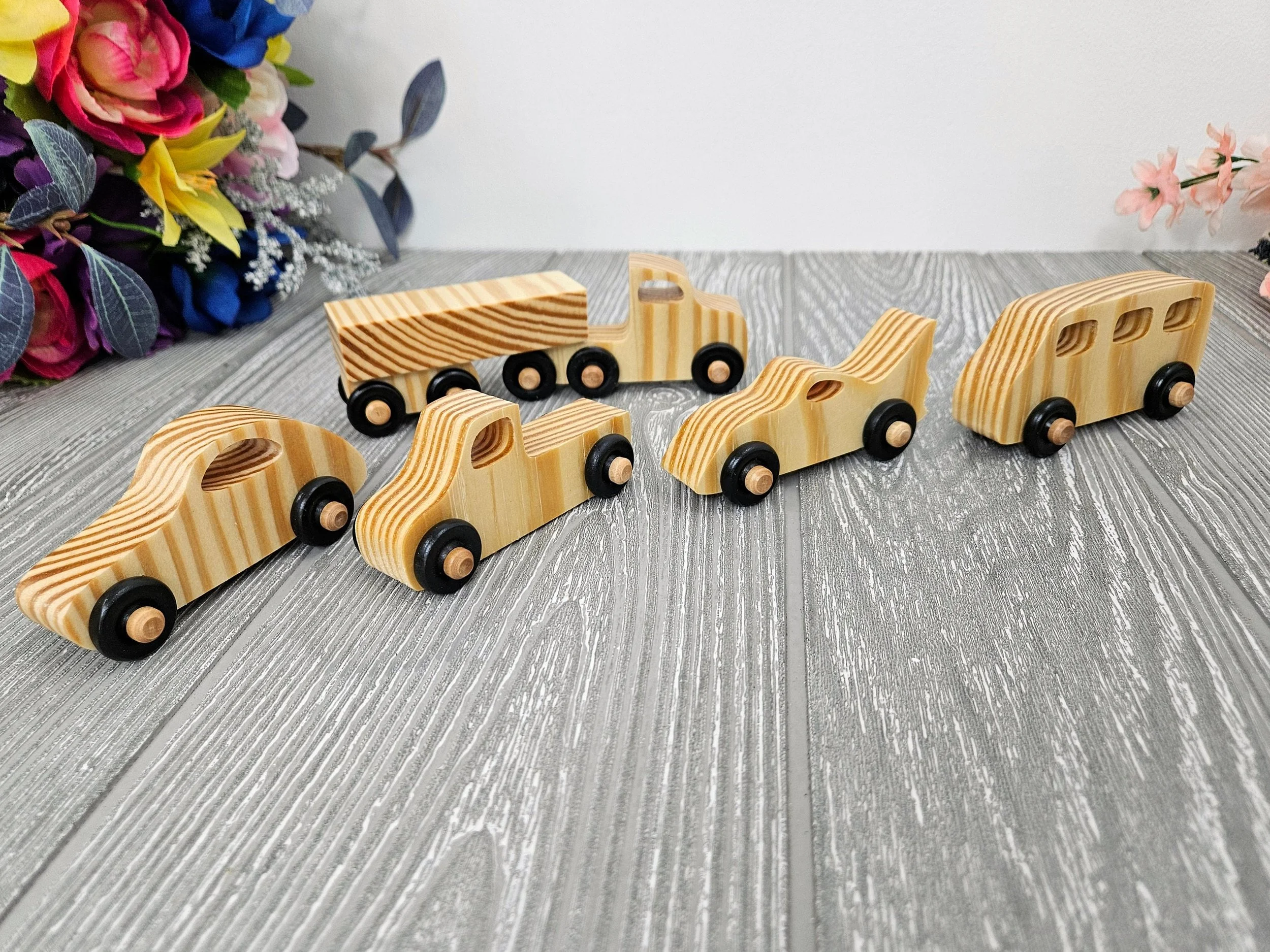 Wooden car and truck set, Montessori 6 piece toy automobiles