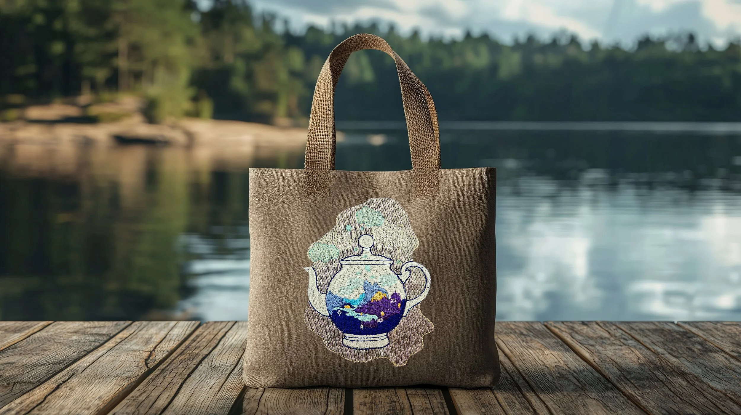 Mountain River Teapot Digital Embroidery Design