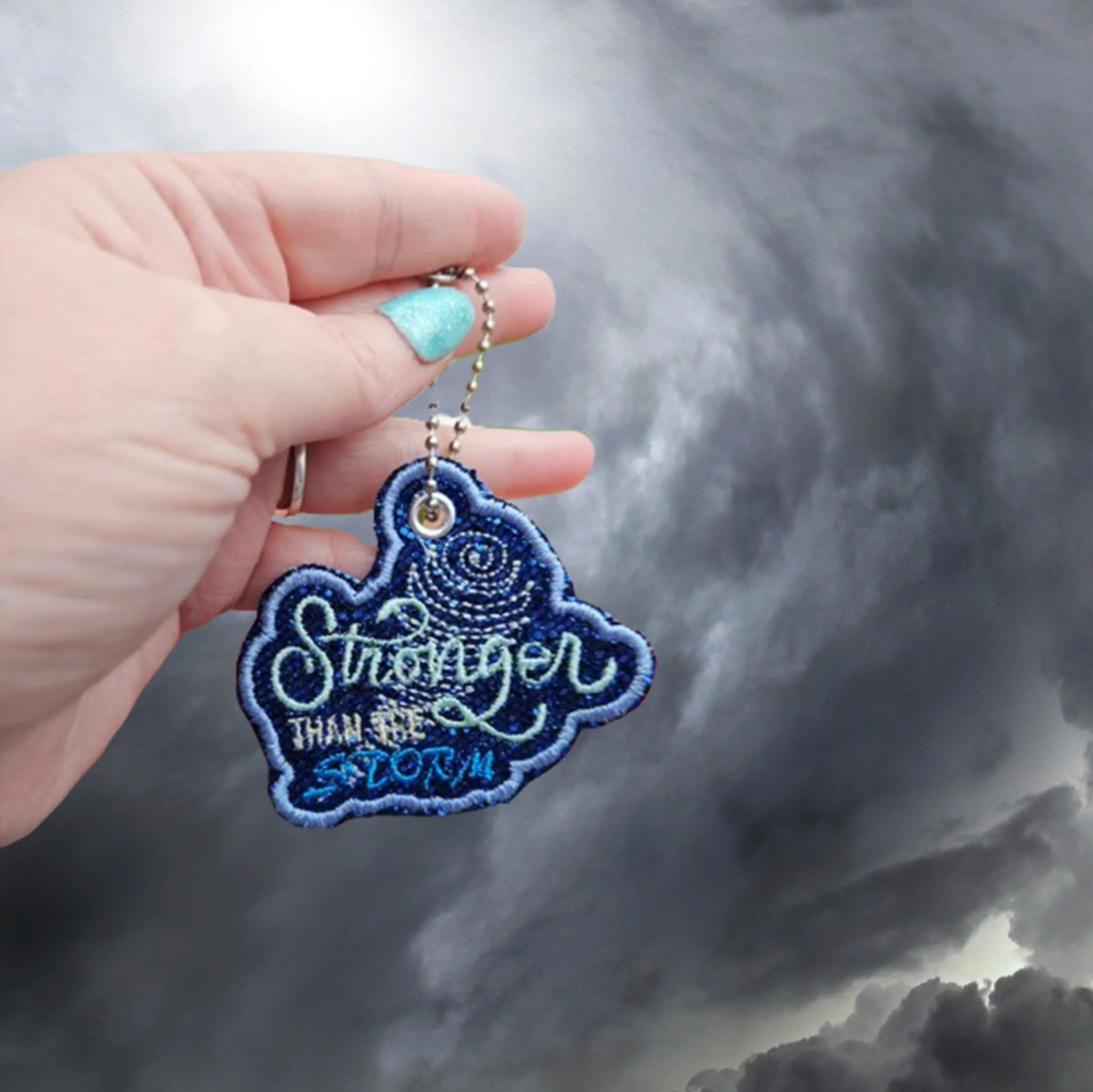 Stronger than the Storm Key Fob digital ITH Embroidery Design