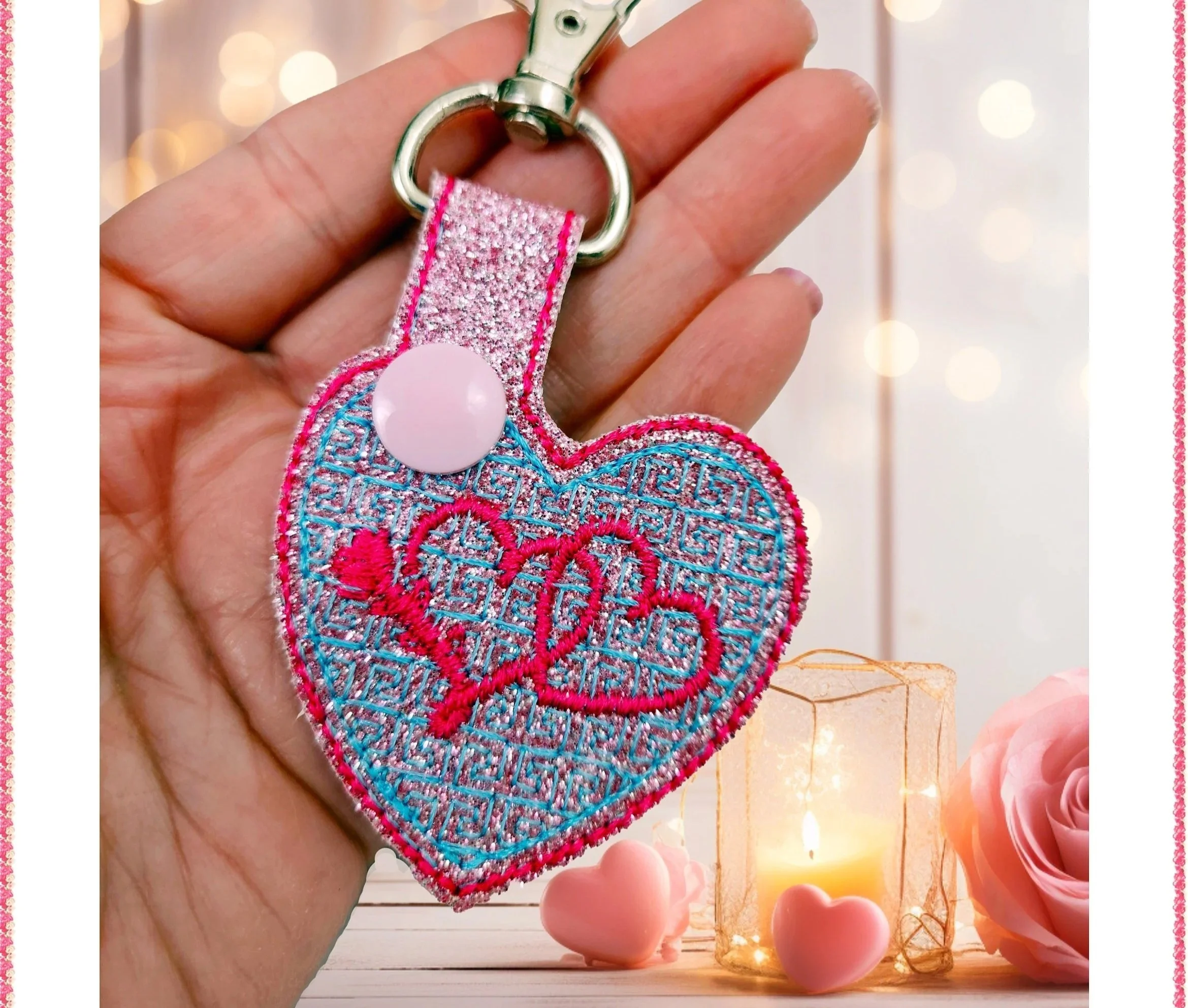 Double Heart key fob digital ITH embroidery design