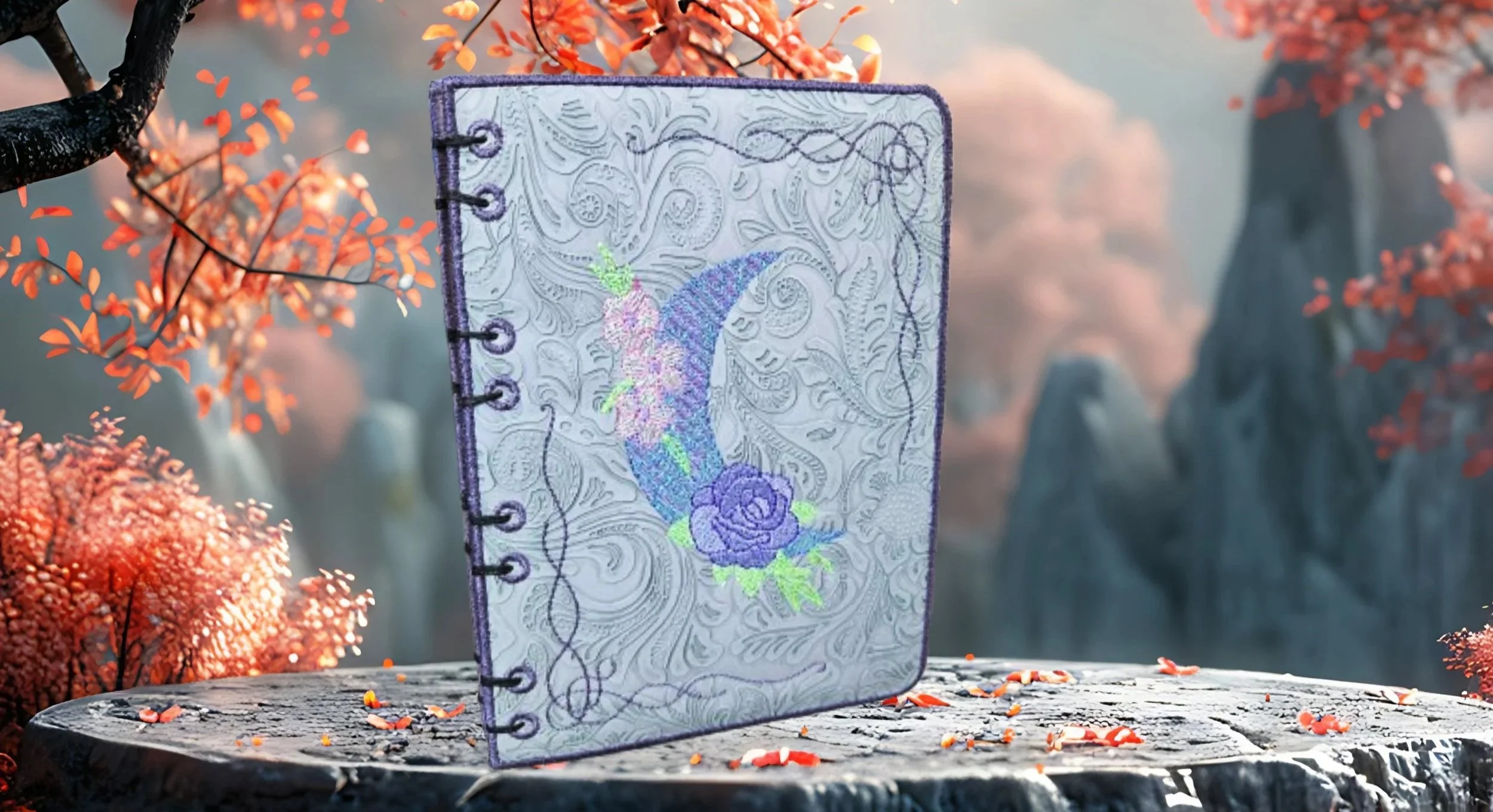Floral Moon journal or sketch book covers digital ITH embroidery design