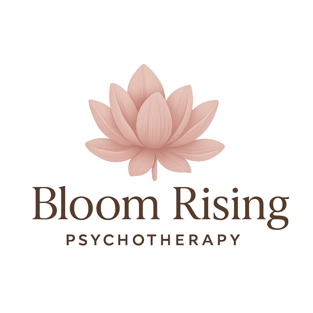 Logo with a pink lotus flower above the text 'Bloom Rising Psychotherapy' in brown letters.