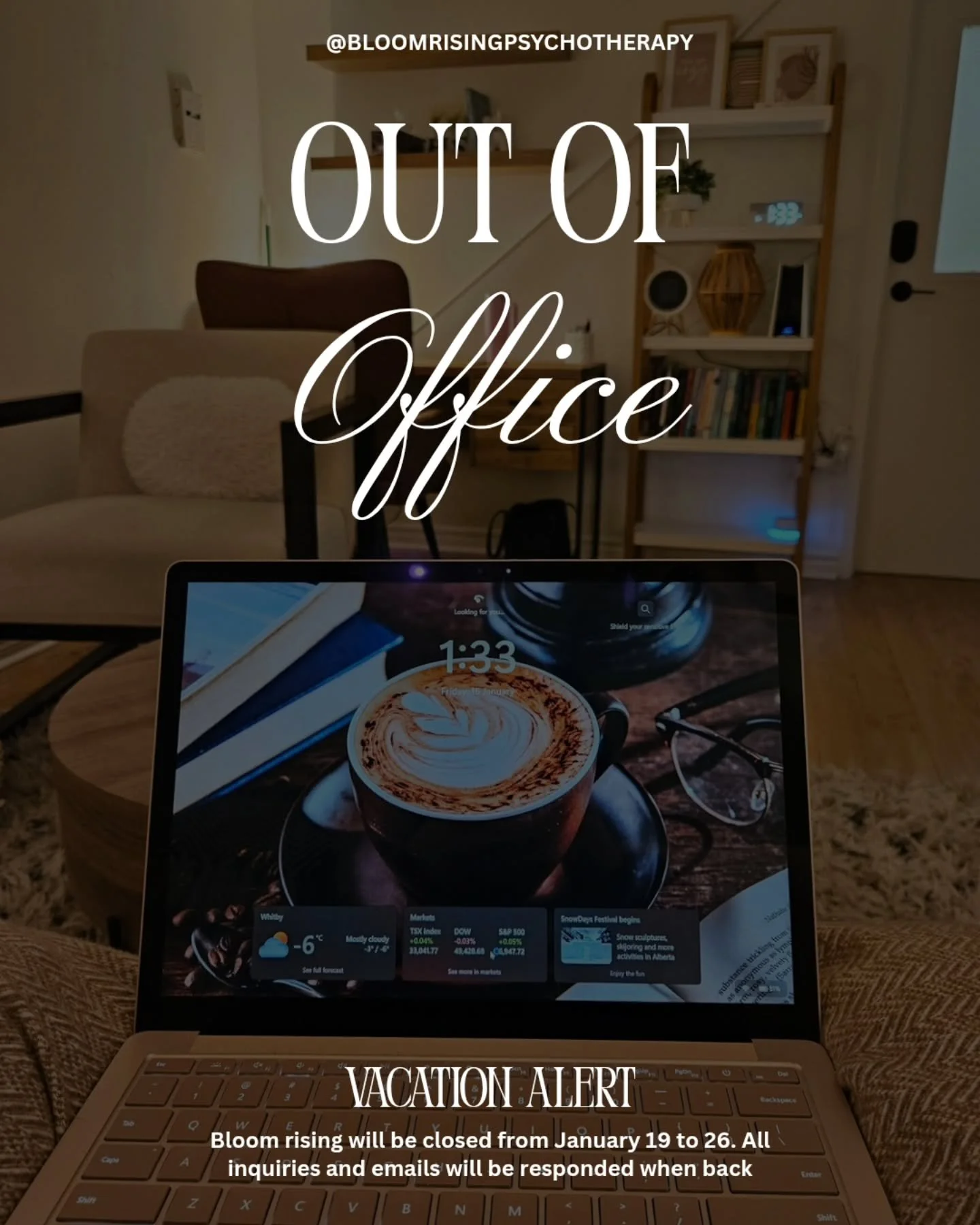 🌴 Vacation Notice - Bloom Rising will be closed January 19 to 26. Emails and inquiries will be answered upon return. 

💻To book, reschedule, or manage appointments, please visit
www.bloomrisingpsychotherapy.ca
&nbsp;
🚨If this is an urgent matte