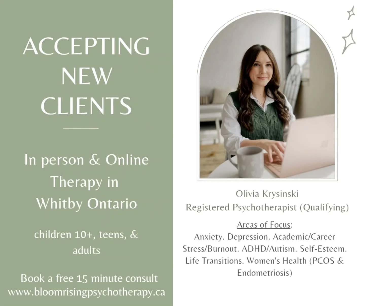 Accepting New Clients in-person &amp; online in Whitby, ON. ✨️

Main areas of support include assisting with:
🎓 Post-secondary students navigating academic stress, burnout, and anxiety along with adults navigating career stress
🧠 Neurodivergent ind