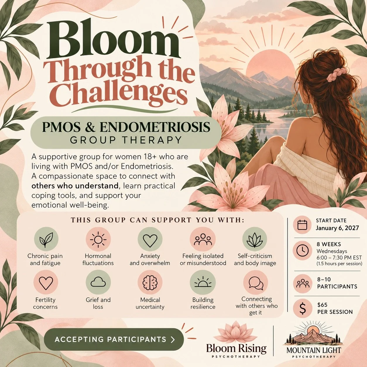 🌸 Bloom Through the Challenges: PMOS &amp; Endometriosis Group Therapy 🌸

Living with PCOS/PMOS or endometriosis can feel overwhelming, especially when you&rsquo;re navigating chronic pain, hormonal changes, fatigue, grief, or feeling misunderstood