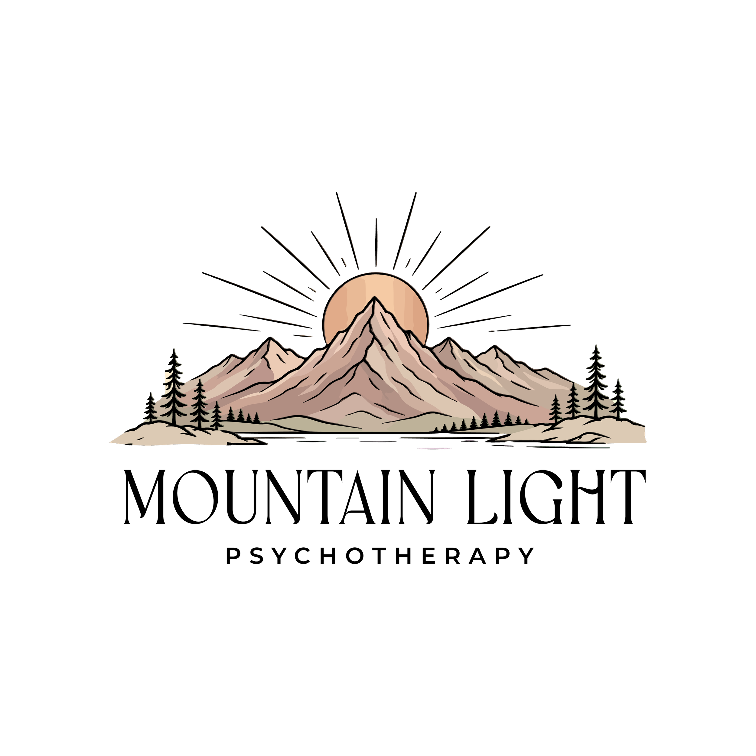 Illustration of a mountain with a sun behind it, rays emanating from the sun, surrounded by trees.