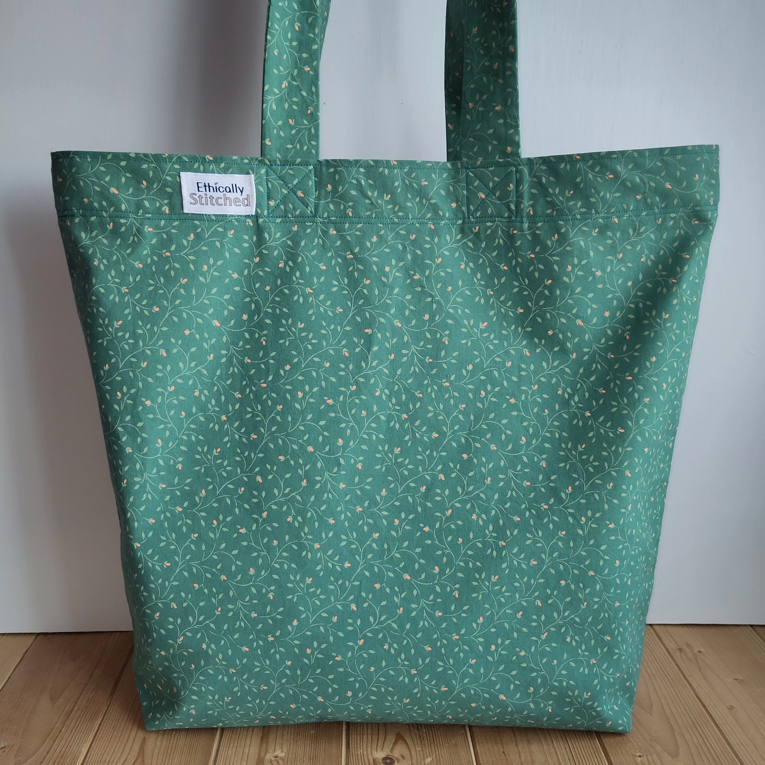 Handmade Shopping Bag Large Tote - green floral print