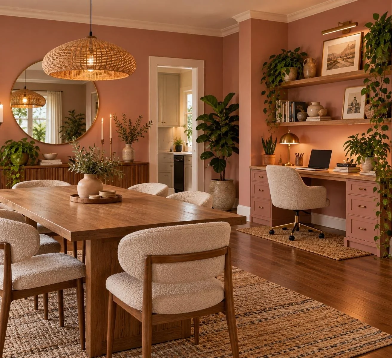 A subtle home office as part of a dining room.