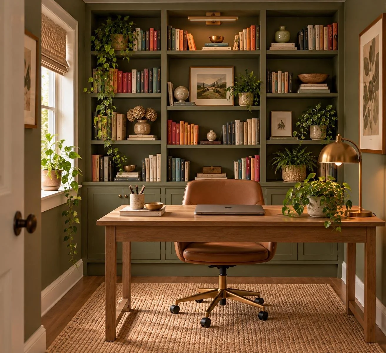 Cosy, functional home office including chair and desk in front of bookshelf.