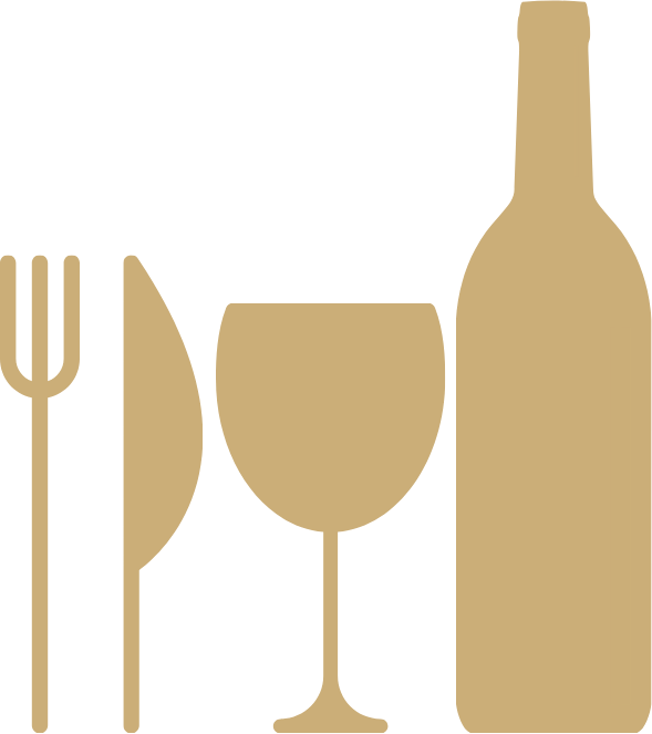 Ilustración minimalista de cubiertos, copa y botella de vino en color dorado. Queixos Angel