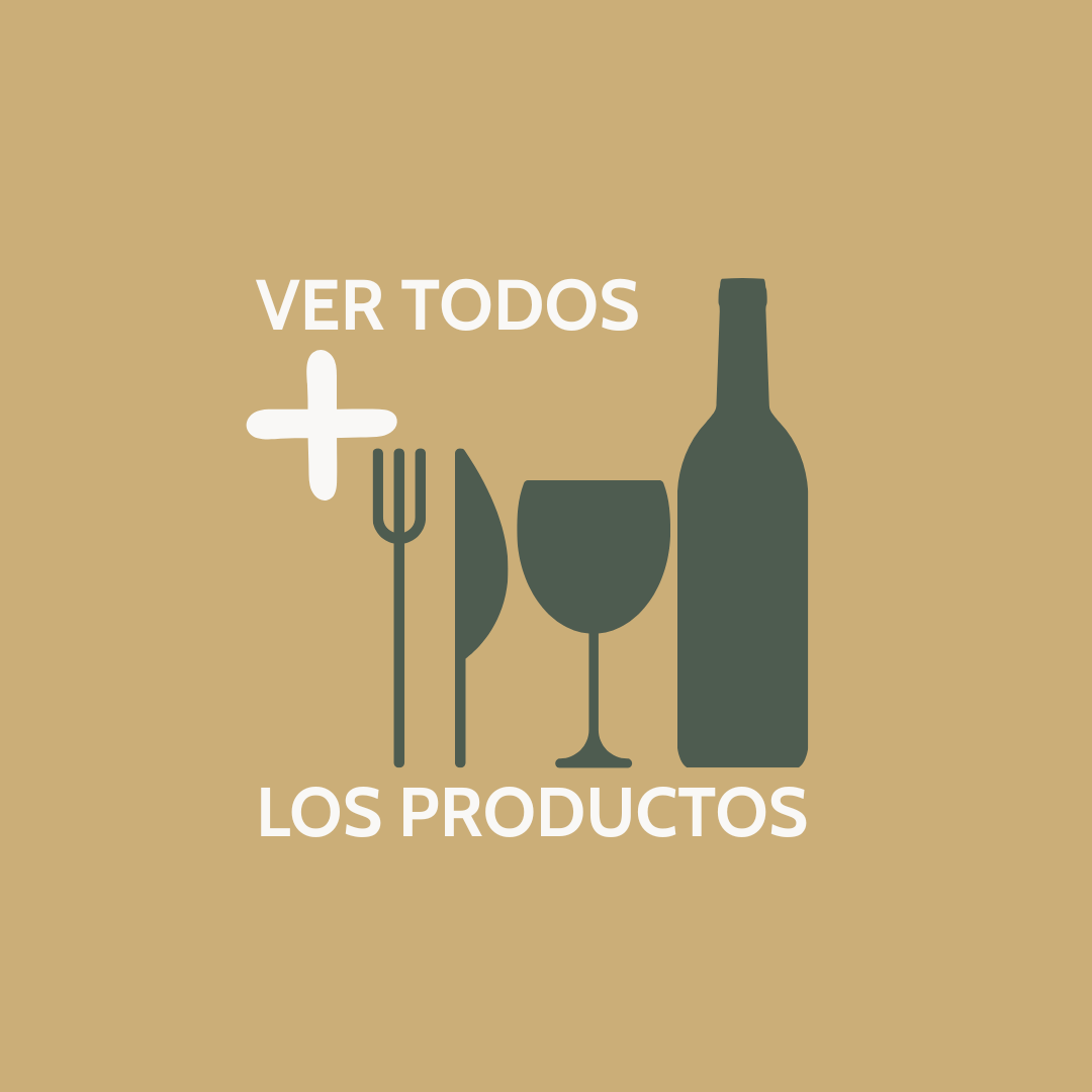 Ilustración minimalista de utensilios de comida y bebida, incluyendo un tenedor, cuchillo, copa y botella, con texto que dice 'Ver todos los productos' de Queixos Angel. Gourmet