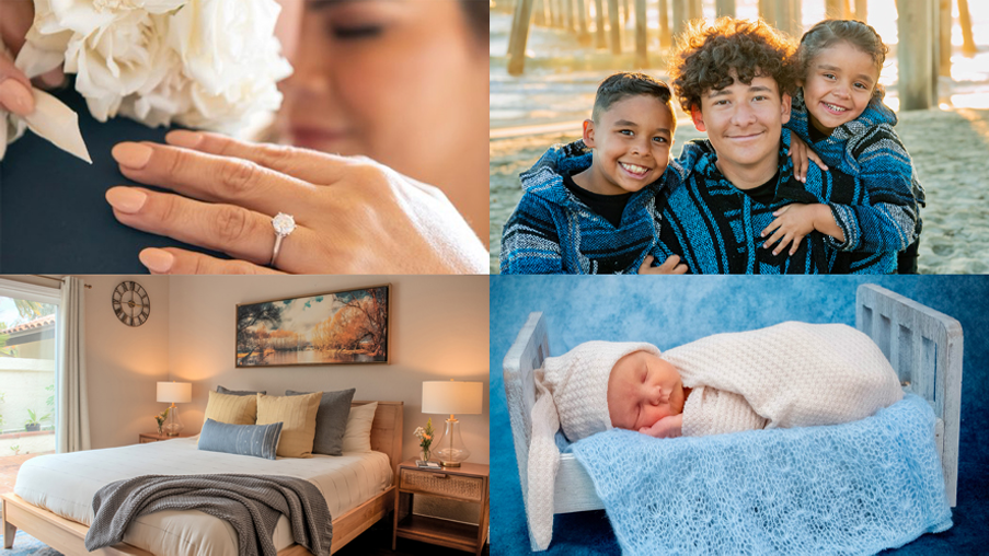 Collage showing lifestyle and family moments: wedding ring close-up, children smiling outdoors, modern bedroom interior, and sleeping infant, all showcasing OC Videography’s lifestyle and family video production.
