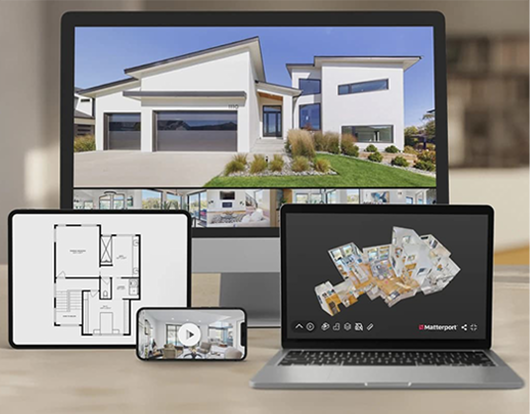 Multiple devices showcasing architectural plans, 3D models, and property renderings on a desktop monitor, laptop, tablet, and smartphone. OC Videography real estate videography and virtual tour (Matterport) editing.