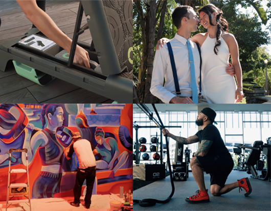 OC Videography montage of diverse productions including fitness training, outdoor weddings, mural painting, and gym strength workouts. Showcasing versatile videography services for commercial, event, and fitness industries.