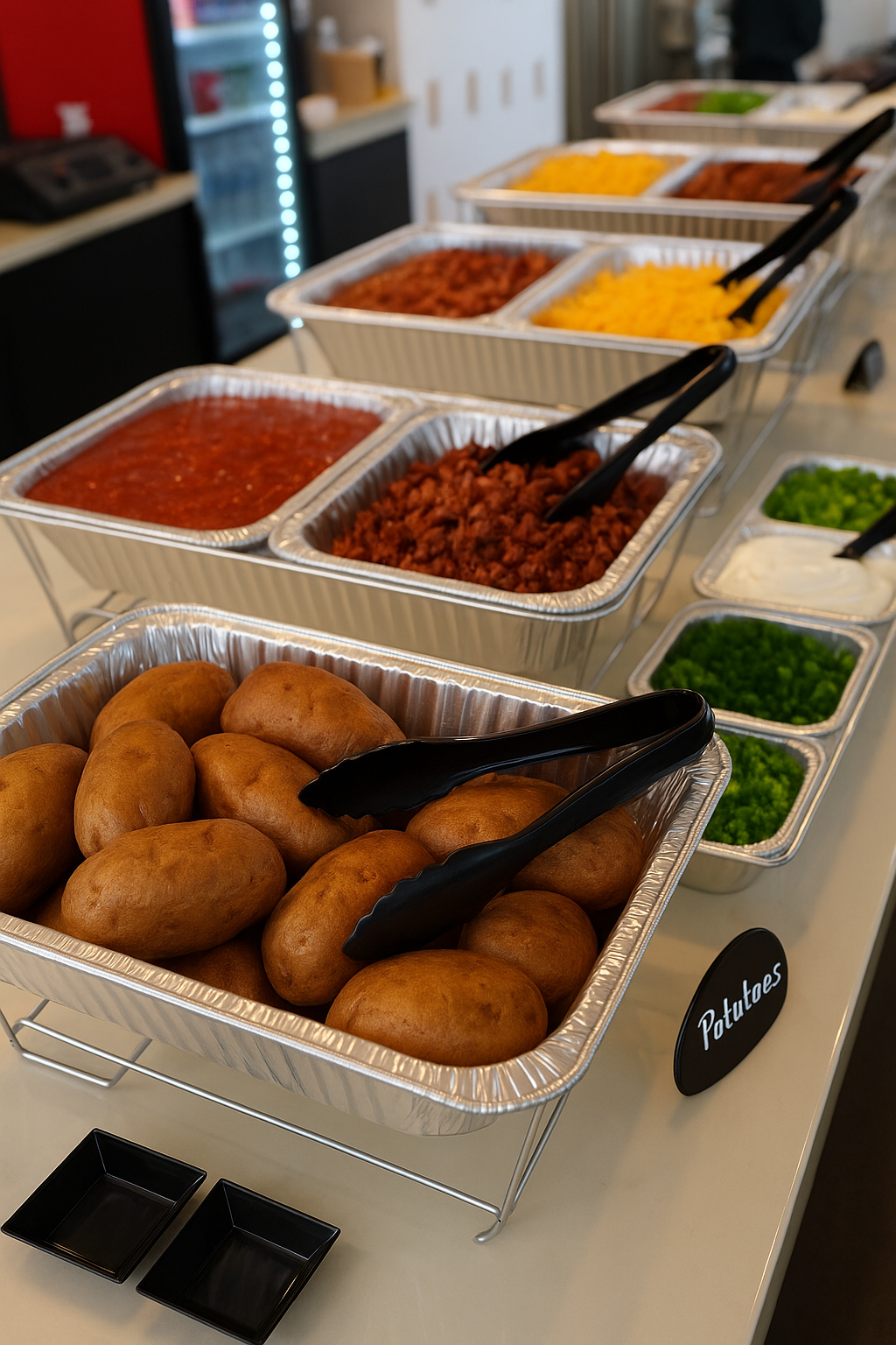 Buffet table with trays of potatoes, chili, shredded cheese, greens, sour cream, and other toppings.