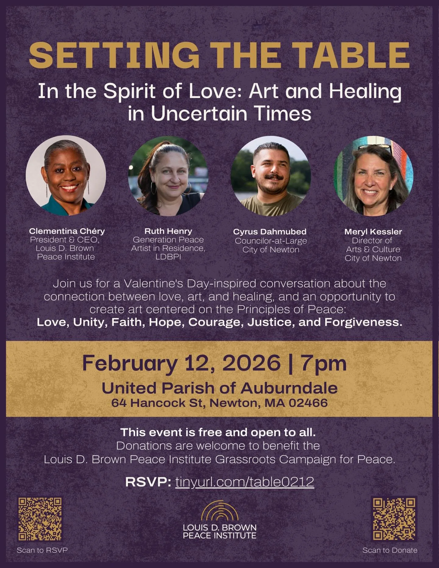 Join me, @peaceinstitute, and @meryl4newton tonight at @united_parish_auburndale1857 for In the Spirit of Love: Art and Healing in Uncertain Times, a Valentine&rsquo;s Day-inspired event focused on how art can be a doorway to bringing us together in 