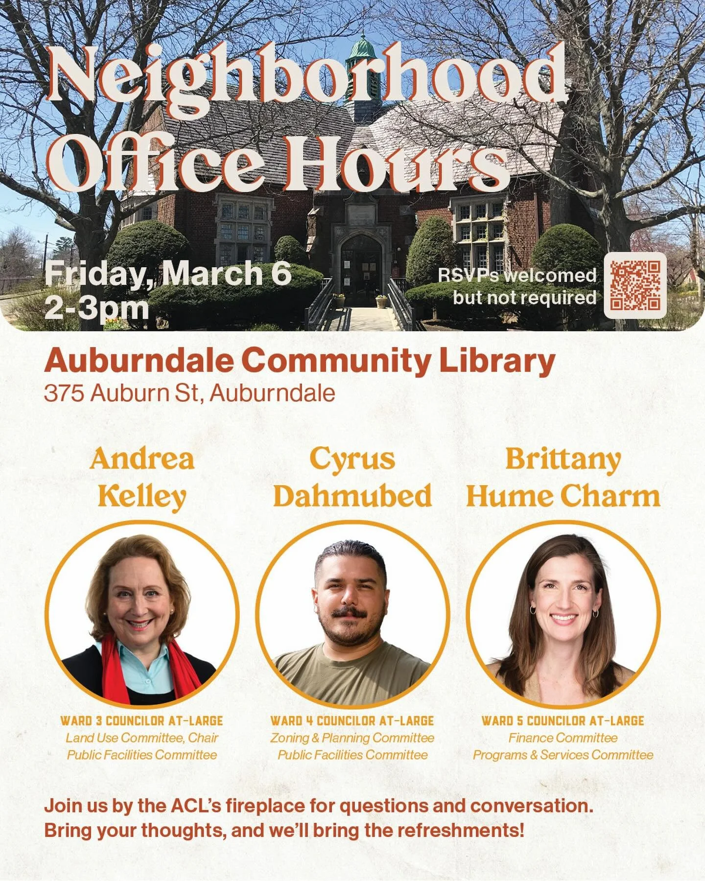 🏘️🏡📚MARCH 6 NEIGHBORHOOD OFFICE HOURS 📚🏡🏘️

Join me, Councilor Andrea Kelley (Ward 3 At-Large), and Councilor Brittany Hume Charm (Ward 3 At-Large) for some cozy Friday afternoon Office Hours at the Auburndale Community Library, 3/6, 2-3pm. Bet