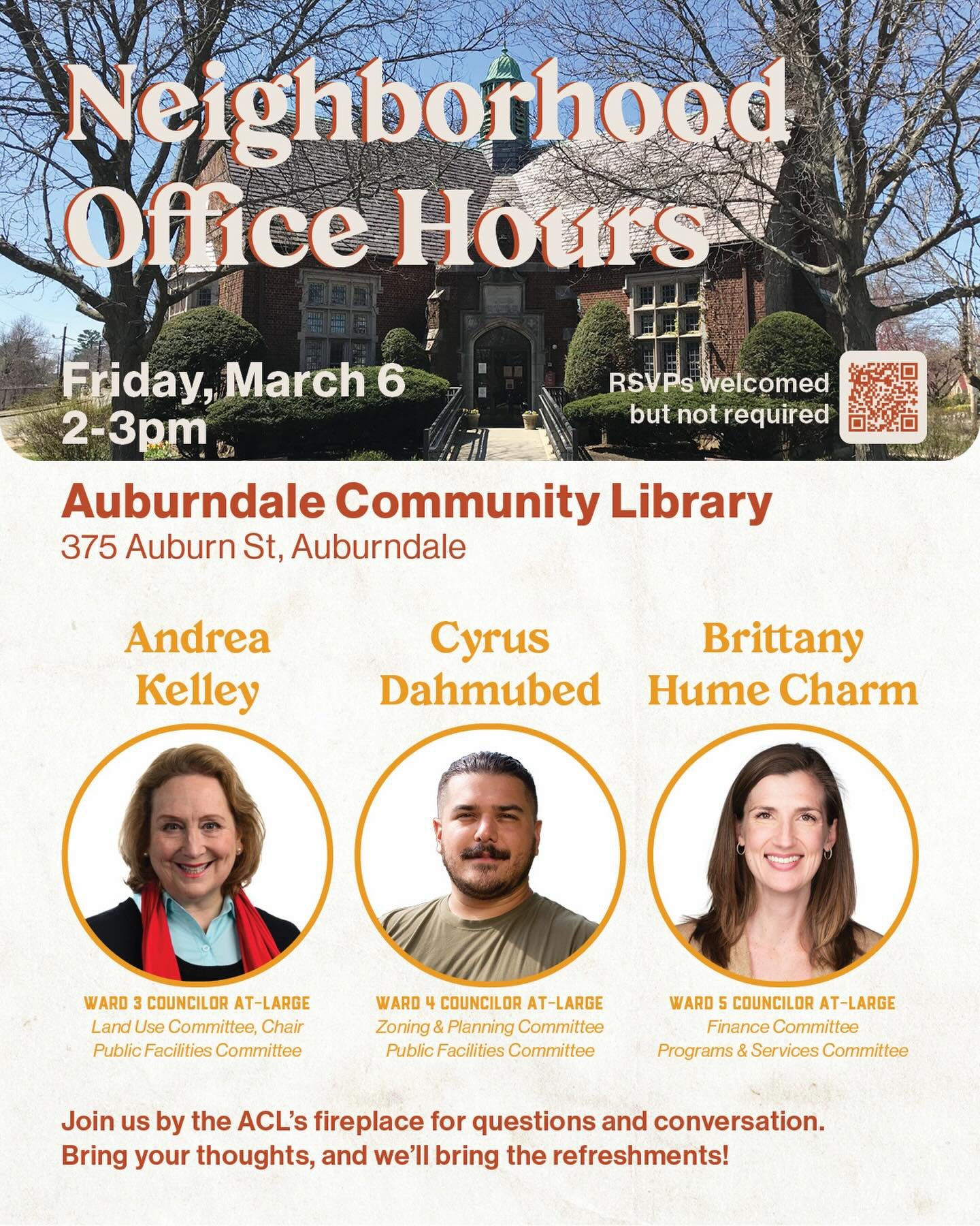 🏘️🏡📚MARCH 6 NEIGHBORHOOD OFFICE HOURS 📚🏡🏘️

Join me, Councilor Andrea Kelley (Ward 3 At-Large), and Councilor Brittany Hume Charm (Ward 3 At-Large) for some cozy Friday afternoon Office Hours at the Auburndale Community Library, 3/6, 2-3pm. Bet