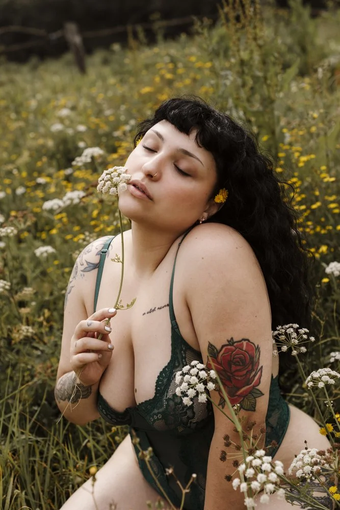 Intimate outdoor boudoir image of Margarida in the forest captures natural beauty, confidence, and a sophisticated boudoir aesthetic.