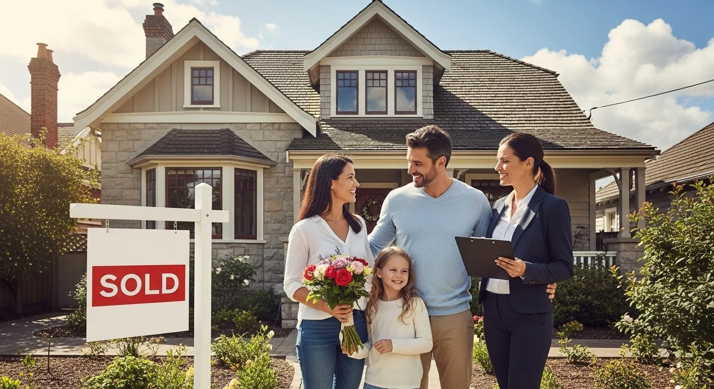 A family celebrating in front of a house with a "SOLD" sign, indicating the house has been purchased.