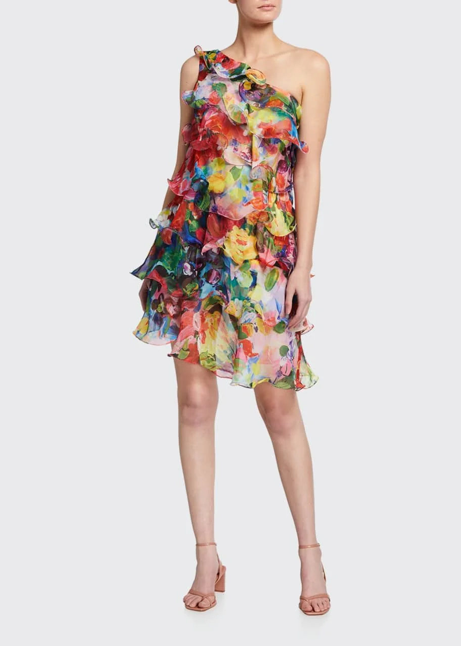 Marchesa Notte One-Shoulder Ruffle Tiered Chiffon Mini Dress Size 6