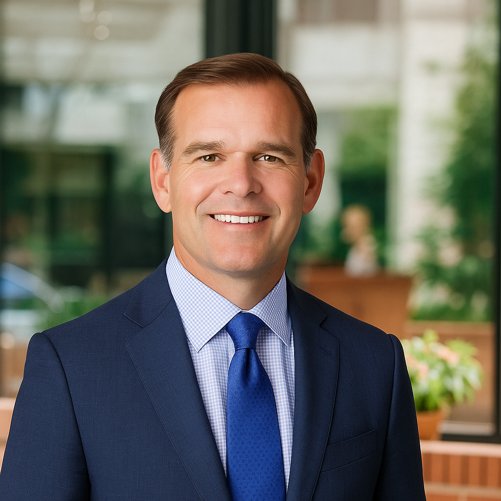 Professional man in a dark blue suit, light blue checkered shirt, and blue tie smiling at the camera indoors with a glass window and greenery in the background.
