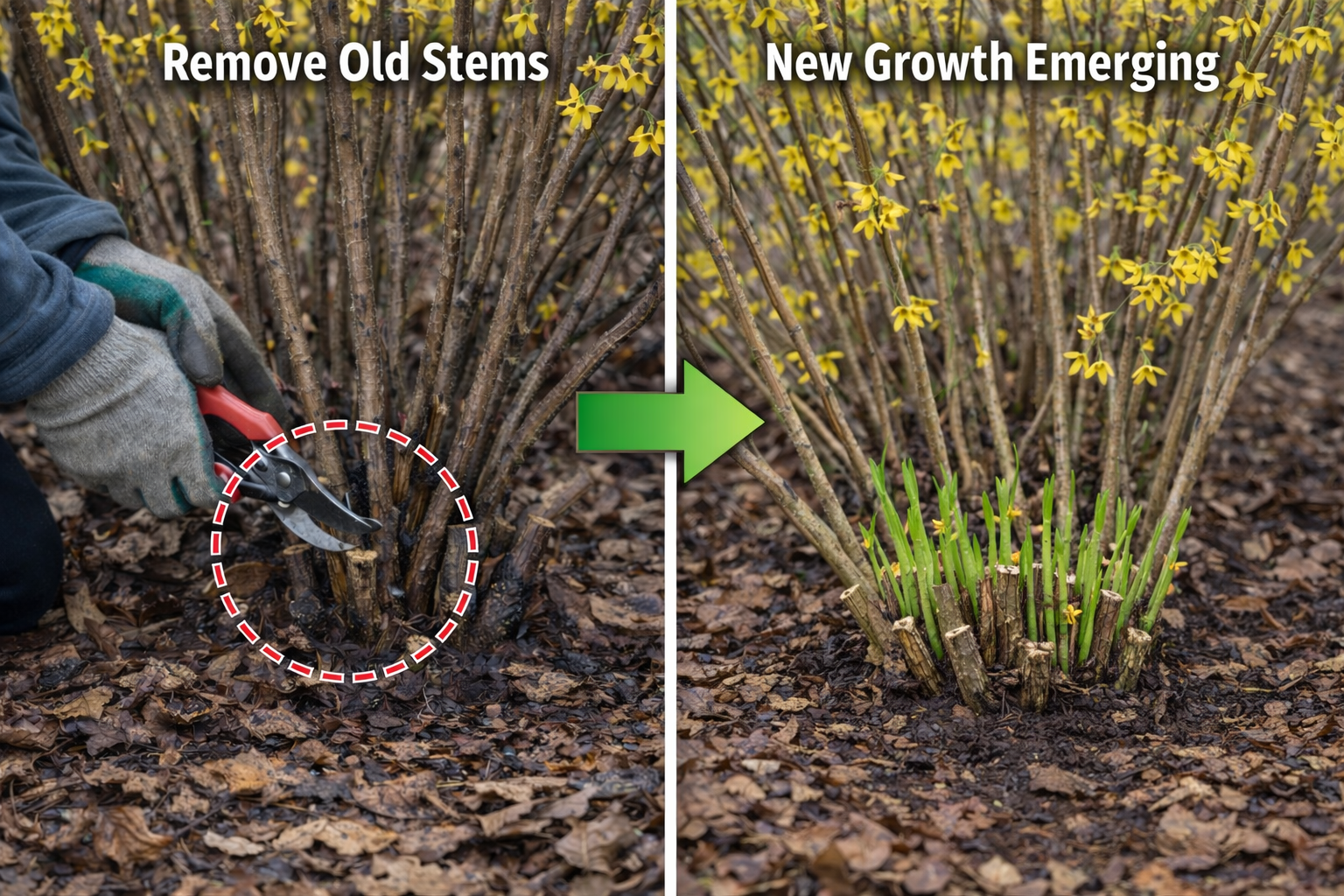 Pruning old stems on a forsythia shrub