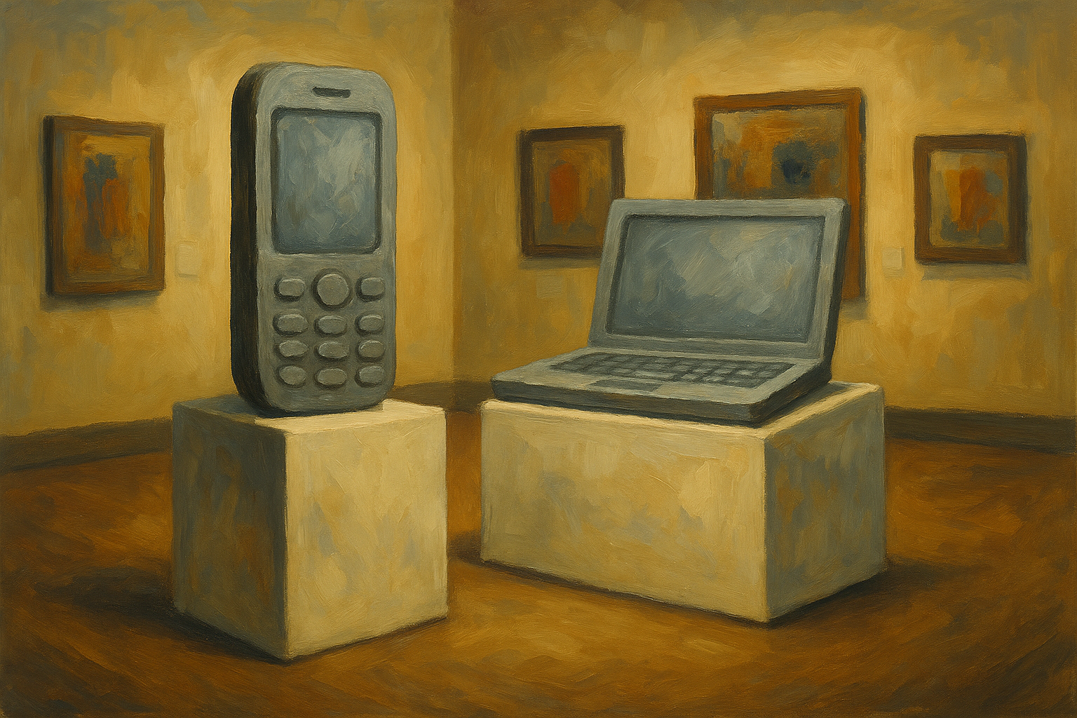 Painting of electronic devices, including a cellphone on a pedestal and a laptop on another pedestal, displayed in an art gallery with framed artwork on the yellow walls.
