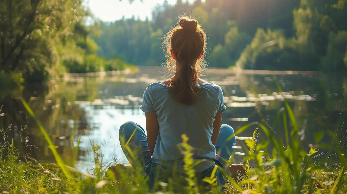 A woman sitting on grass by a river, surrounded by trees, enjoying the outdoors in sunlight.
