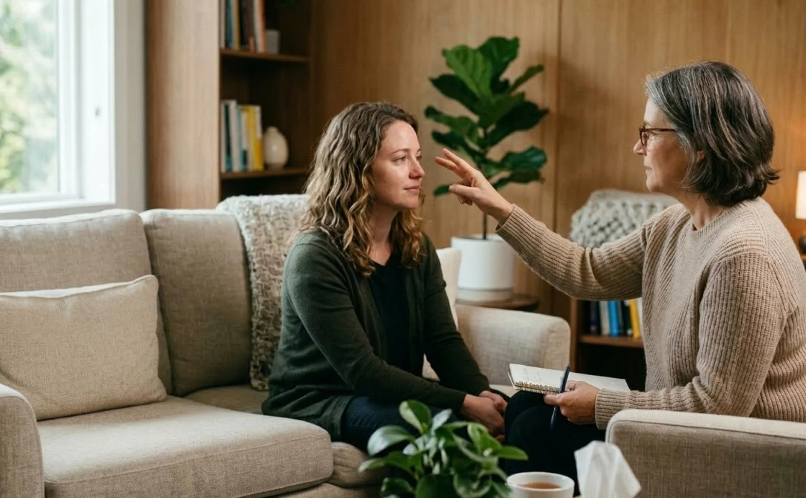 A woman with gray hair and glasses points her finger at a young woman with light brown, curly hair, who is sitting on a beige sofa inside a room with wood-paneled walls and a large window.