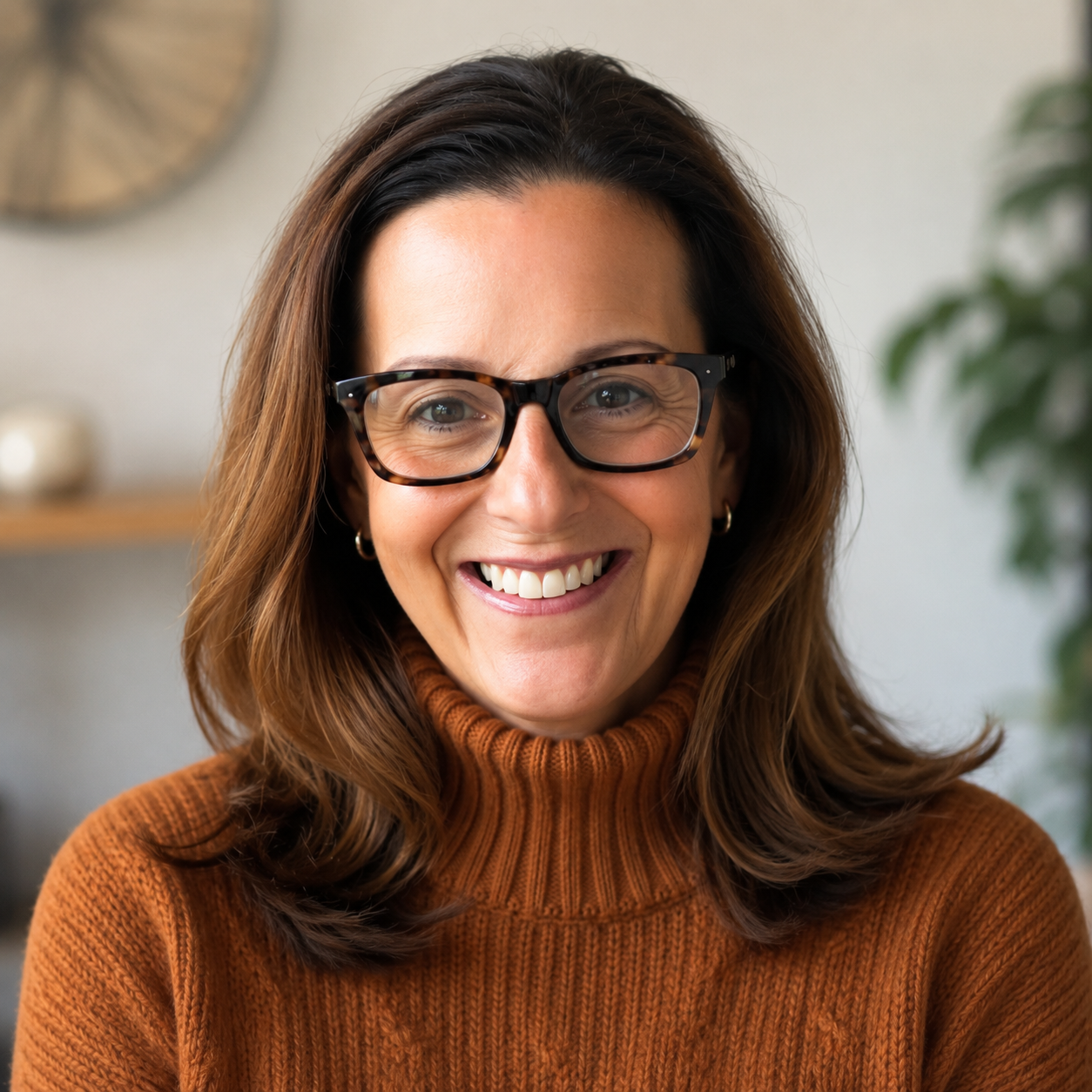 Smiling woman with brown hair wearing glasses and a burnt orange turtleneck sweater, indoor setting