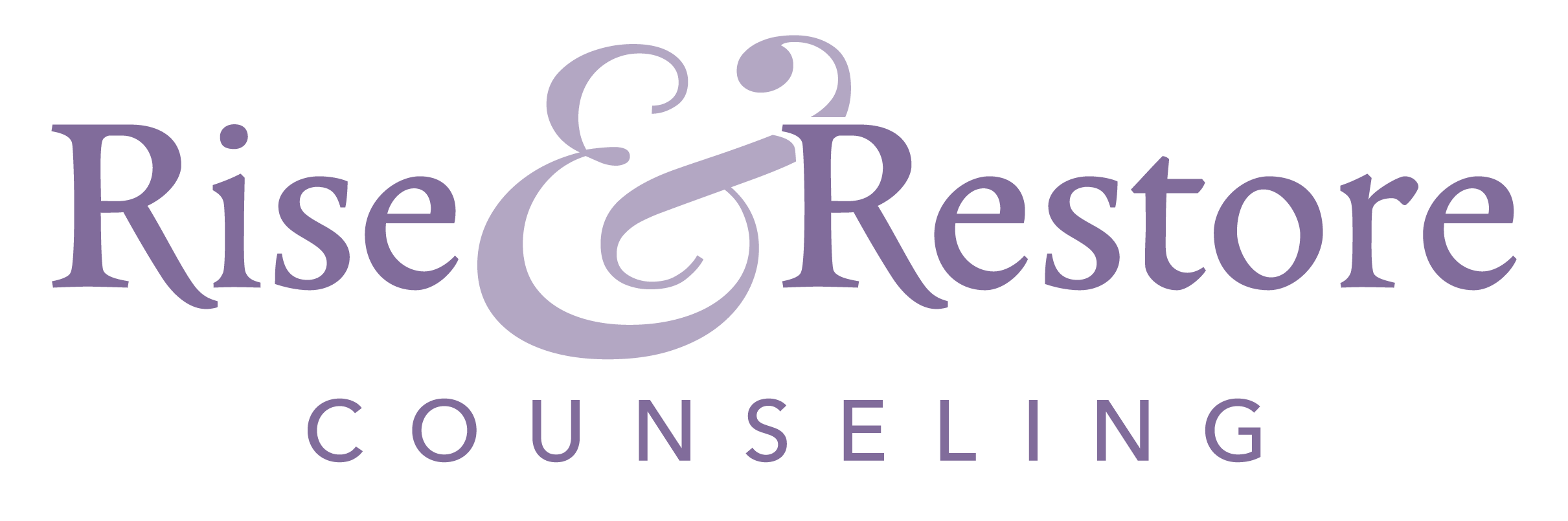 Logo of Rise & Restore Counseling, featuring the words "Rise & Restore" in purple with an ampersand between them, and "Counseling" below in smaller purple letters.