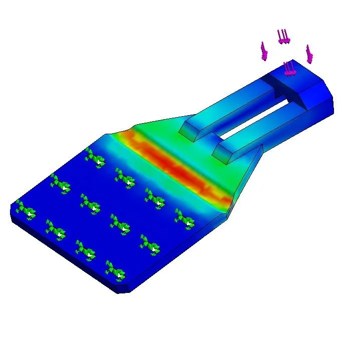 Finite-Elemente-Analyse eines mechanischen Bauteils, das eine Gelenkfunktion zeigt, mit farbcodierter Spannungsverteilung