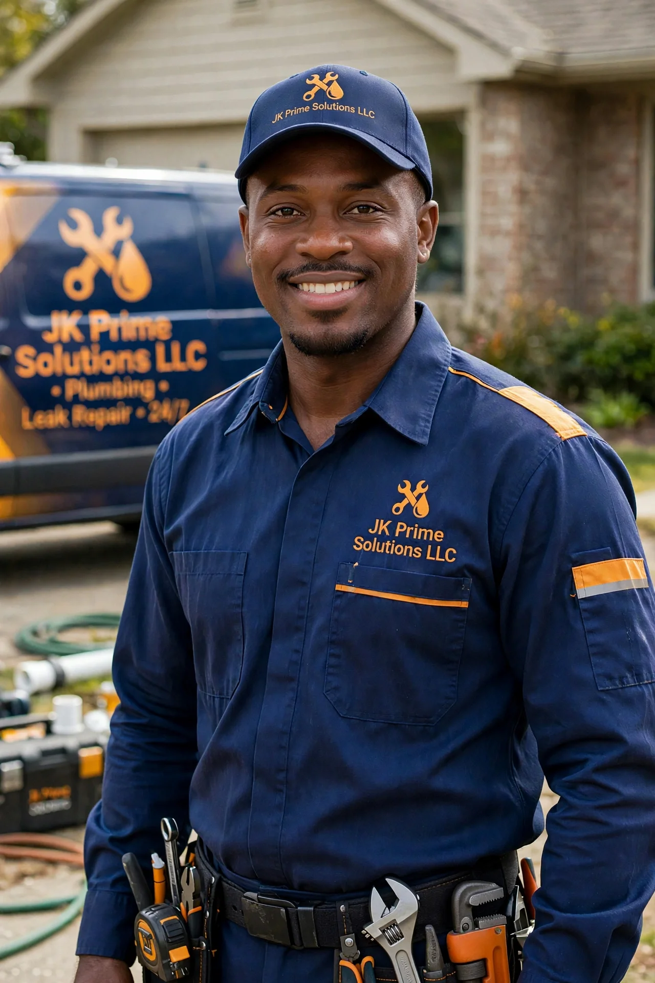 Plumber in navy and amber JK Prime Solutions LLC uniform