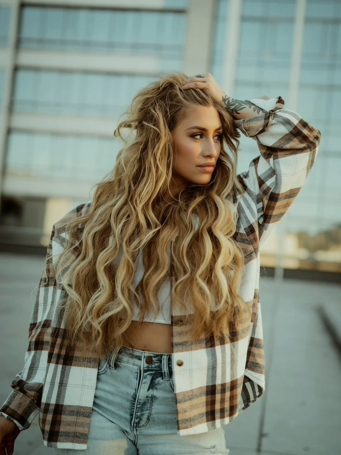 A woman with long, curly blonde hair, wearing a plaid shirt over a crop top and light-wash jeans, standing outdoors with a modern building in the background.