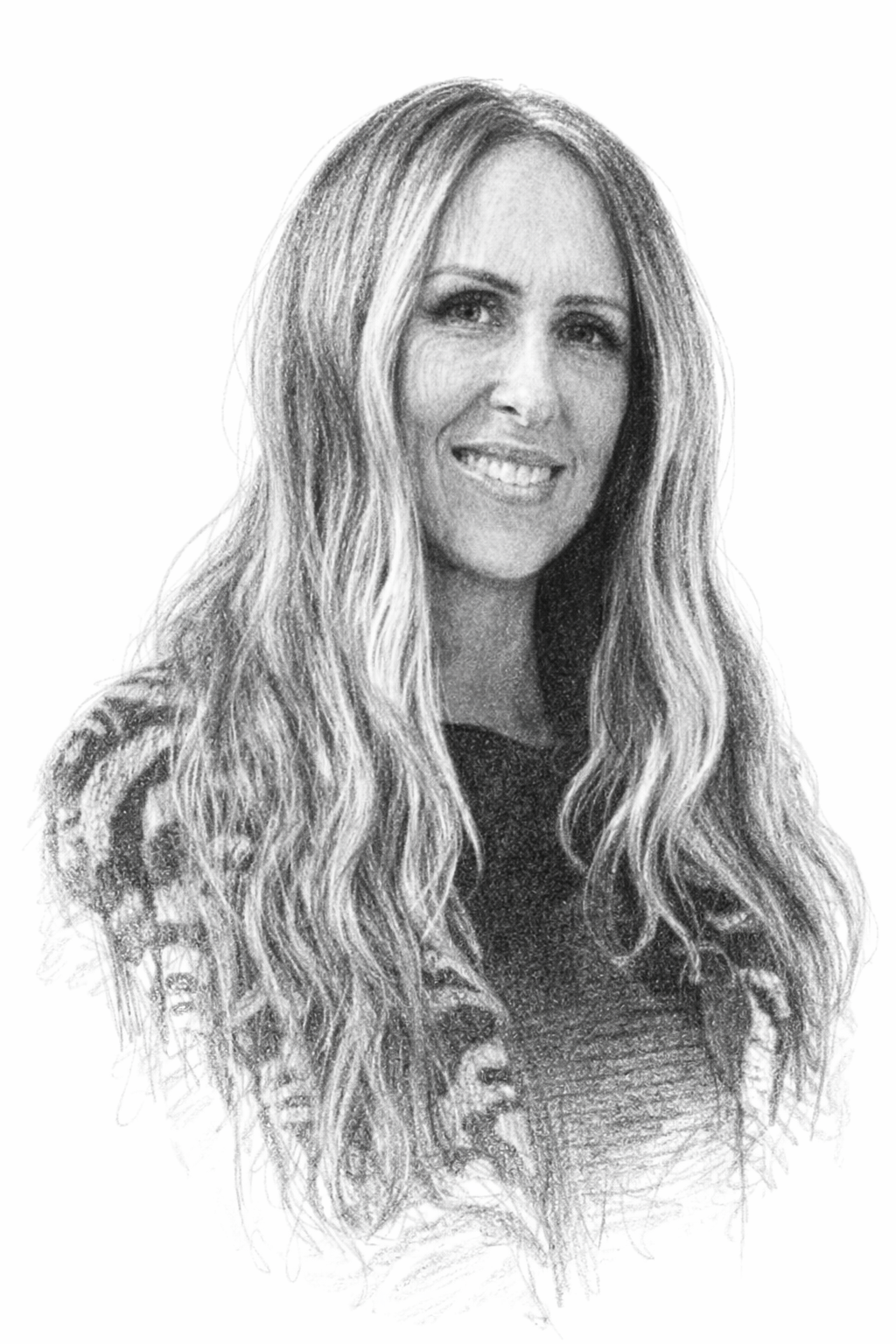 Black and white portrait photograph of a woman with long, wavy hair smiling.