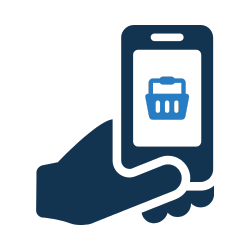 A hand holding a smartphone displaying a shopping cart icon.