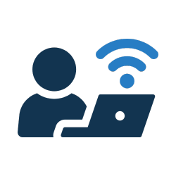 Icon of a person with a laptop and Wi-Fi signal.