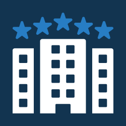 Icon of a hotel building with five stars above it.