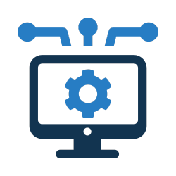 Icon of a computer monitor with a gear inside the screen and circuit lines above it.